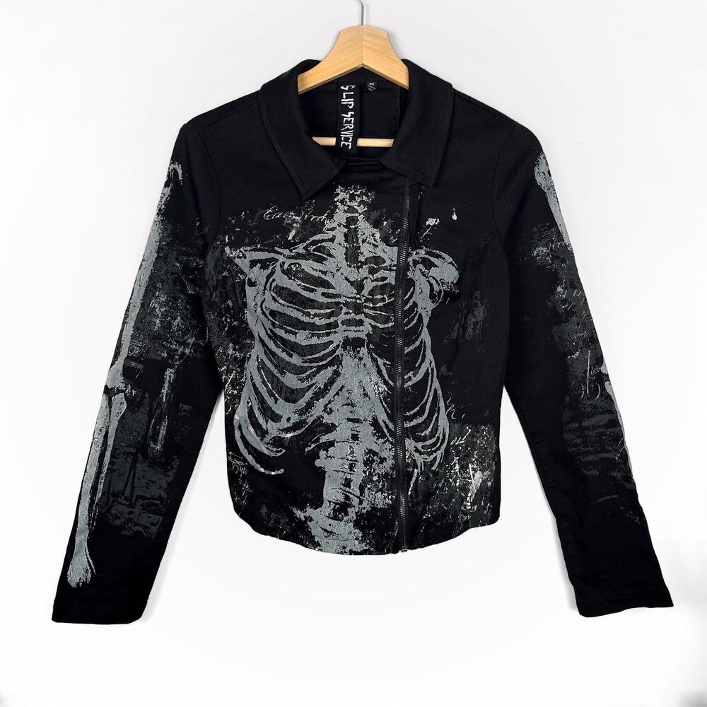 Lip Service Skeleton Moto Jacket With Lace Up Corset Back Coat Black Y2K Goth